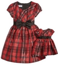 NEW Bonnie Jean Girls SZ 5 Christmas Red Plaid Black Bow  Matching Doll Dress