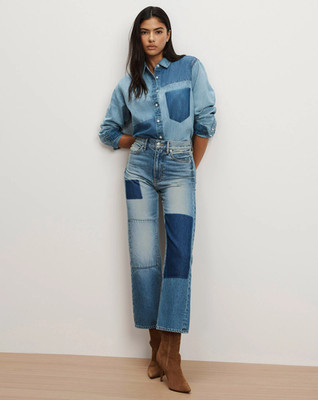 NWT $398 Veronica Beard Dylan High Rise Patchwork Straight-Leg Ankle Jeans