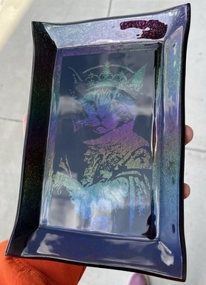 King Kitty Cat Handmade Iridescent Black Glass Tray Plate Platter. Made in USA