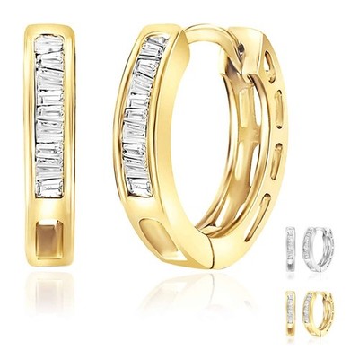 0,15 kt natürlicher Diamant 18 K Gold über Silber Baguette Huggie Creolen 13 mm