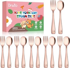 DRKIO Stainless Steel Toddler Utensils Set - 12 Pieces Kids Rose Gold