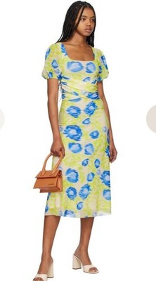 Ganni Mesh Yellow Blue Midi Dress Abstract Floral Spring Wedding Guest Brunch