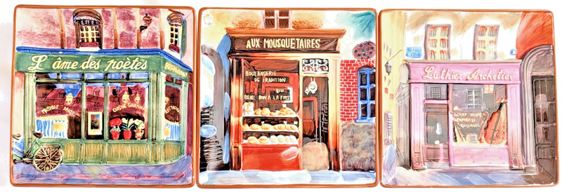 Three (3) Certified Inter'l K.C. Lai French Themed Store Front Plates Large 10"