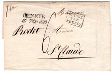 Schweiz 1828, L2 Geneve u. R3 Suisse Par Ferney je klar auf Brief n. Frankreich