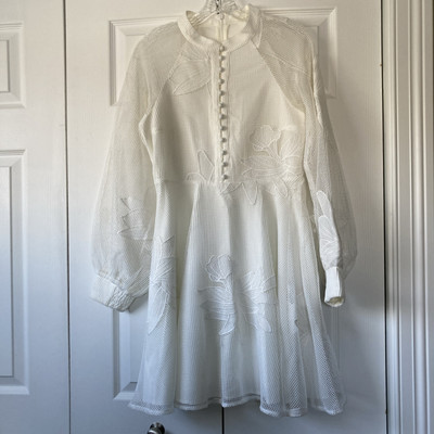 Anthropologie White Floral Embroidered Dress Long Puff Sleeve Boho  Cottagecore M | eBay