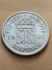 1941 King George VI Silver Sixpence  .500 Fine Silver 6p 6d Coin
