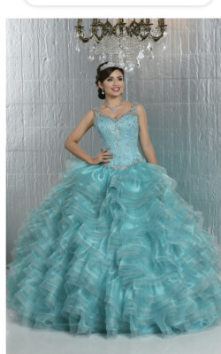 Q BY DA VINCI 3 Pc  Quinceanera Prom Sweet 16 Gown Dress RUFFLE TURQUOISE Sz 2