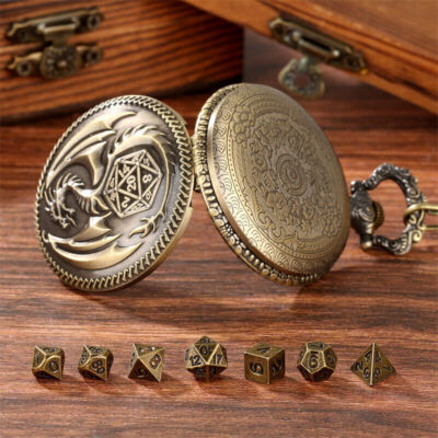 7er Pack Polyhedral Metall DND Würfel Set mit Steampunk Drache Taschenuhr Shell Case