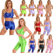 Women Oily Silky Workout Outfits 2 Piece Sports Bra Crop Top Skinny Biker Shorts