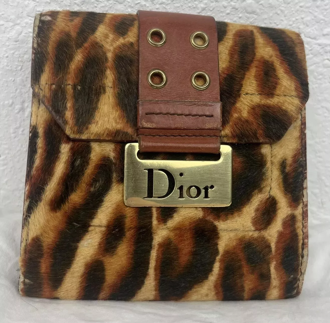 Portefeuille Christian Dior vintage cheveux de poney sac à main guépard marron doré léopard