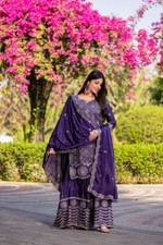 Presenting New Chinnon Silk Top Palazzo With Blue Dupatta For Wedding Wear