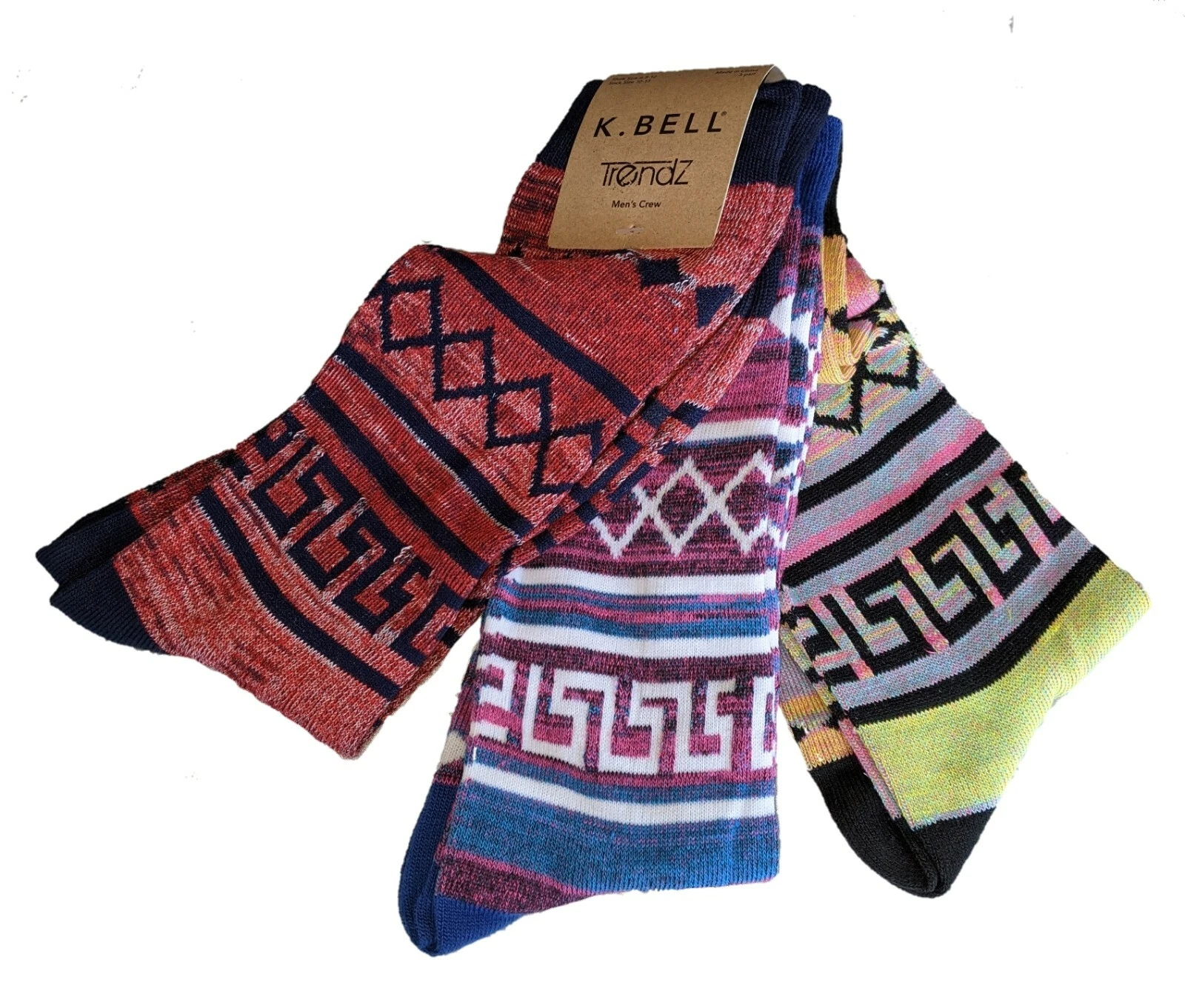 New K. Bell 3 pairs Pack Men's Sock 10-13 Shoe 6.5-12 AZTEC Geometric Red Blue