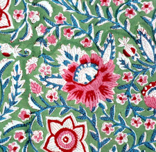 Green Pink Floral Indian Block Print By the Yard Fabric for Sewing Dressmaking