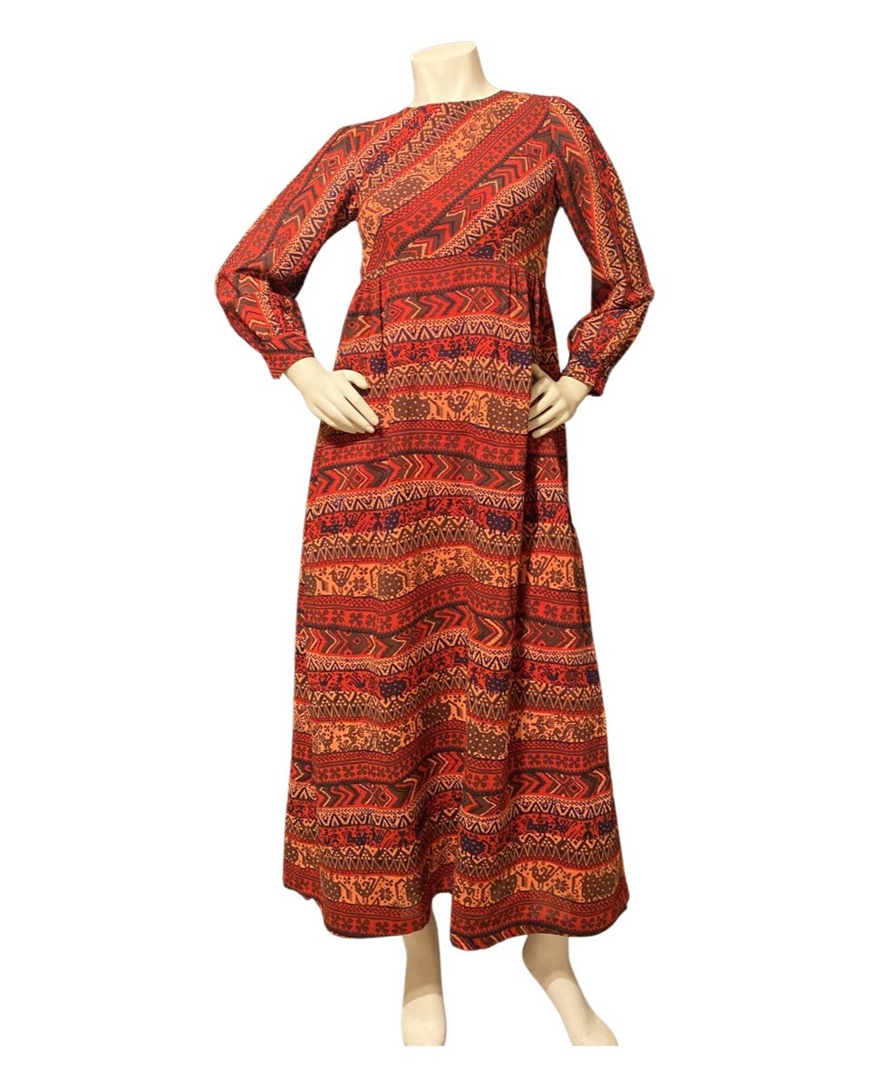 tribal print long sleeve dress red 60s tribal print maxi dress Unbranded Fully Lined Sheer Sleeves Metal  Zip S