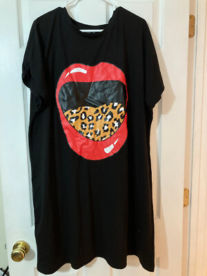 women's black lips leopard oversize tshirt dress Shein Curve 2xl