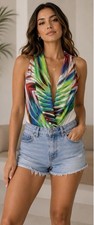 BEBE Multicolor Printed Draped V-Neck Bodysuit Size Medium