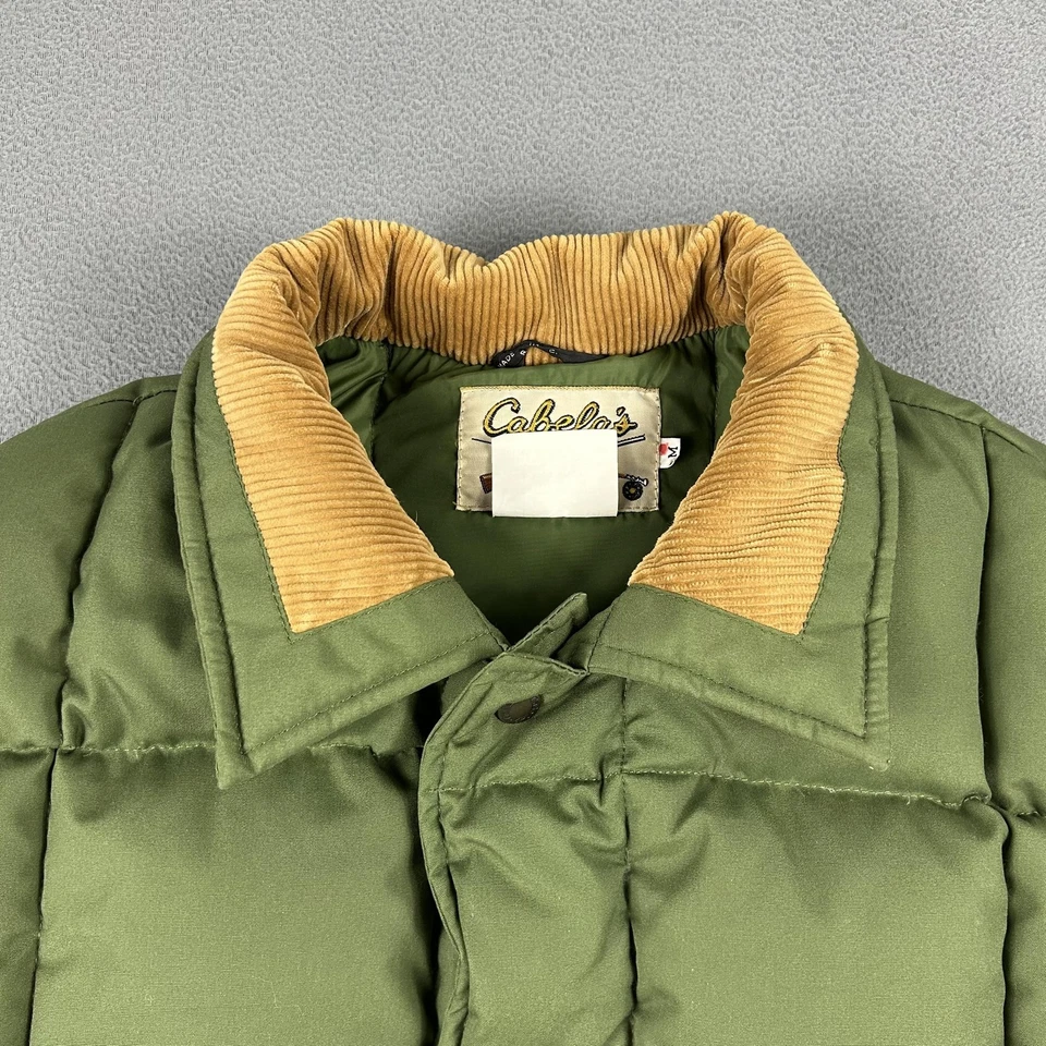 Chaqueta de Colección Cabela's Para Hombre Mediana Verde Plumón Puffer Cuello de Pana a Presión Años 90 Foto 3 de 4