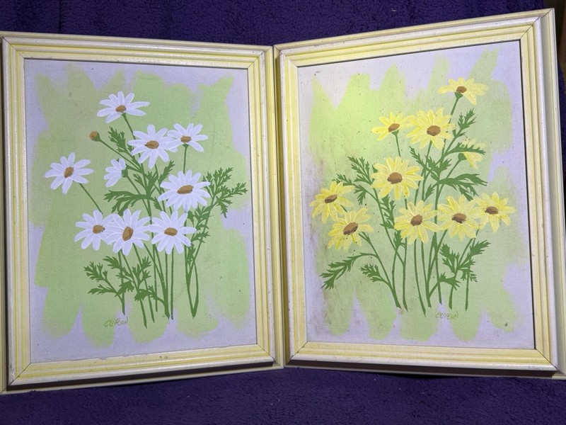 Culon Signed Framed Floral Daisy oil on canvas paintings of 2 16x12 in