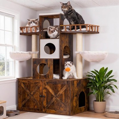 Heybly Cat Tree Litter Box Enclosure Big Cat Heavy