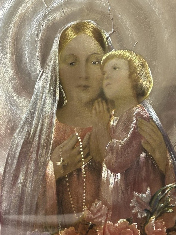 Vintage 1937 N.G. BASEVI Madonna with Child Halo Lithograph Framed 8” X 10”