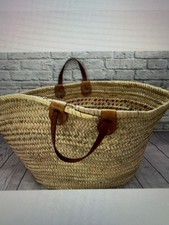 Real Vintage Woven Straw Raffia Beach Bucket Very Large Leather Handles Bag Tote