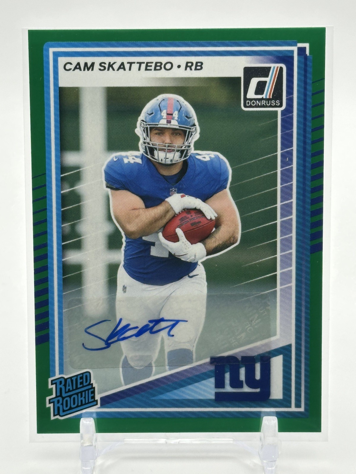 2025 Donruss Cam Skattebo #302 Green Press Proof Rated Rookie Auto RC Giants