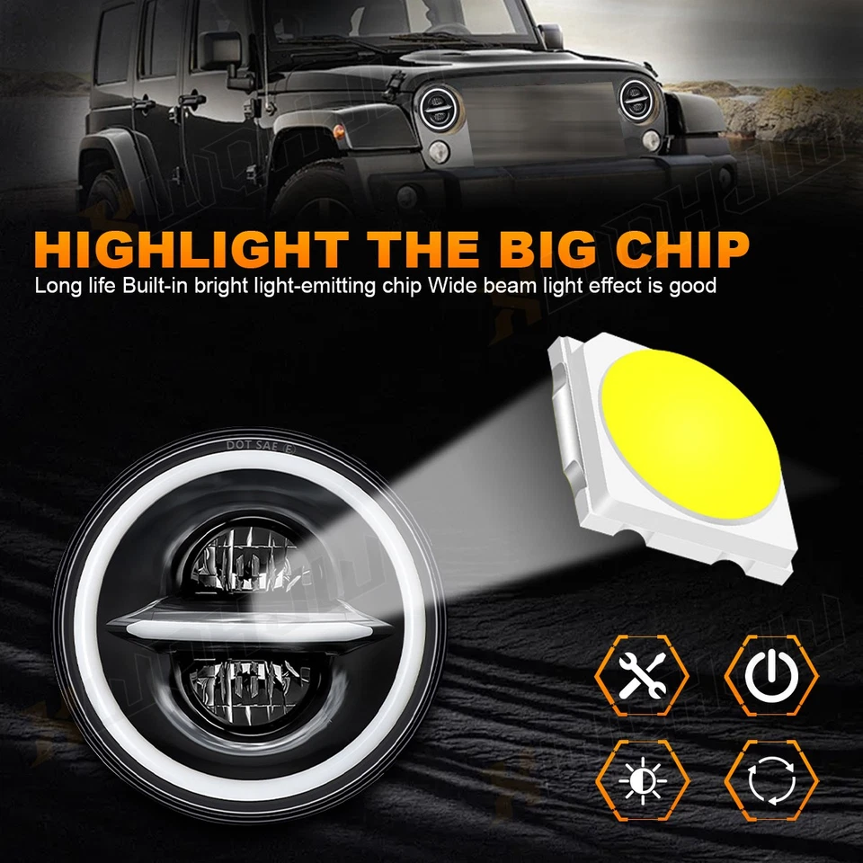 Par de faros LED redondos de 7 pulgadas haz alto/bajo DRL para camioneta Chevy Camaro C10 Foto 3 de 4