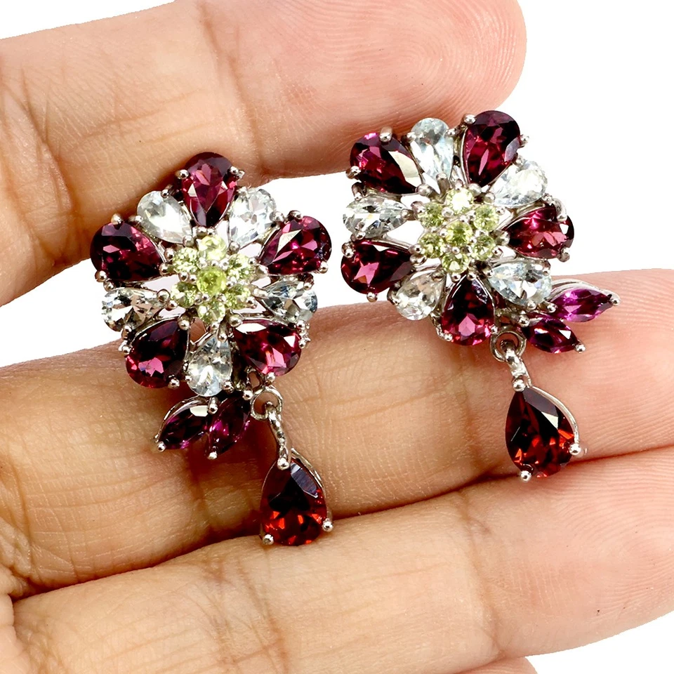 925 Sterling Silver Earrings Pear Rhodolite Aquamarine Peridot Gemstone Jewelry - Image 2 of 4