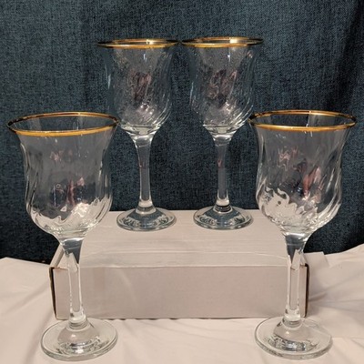 Vintage Circleware Gold Rim Wine Glasses Set of 4 | Swirl Optic Crystal Goblets