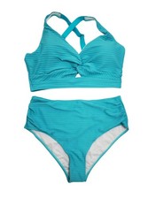 Womens Teal Textured High-Waisted Bikini Set Size L Swimsuit