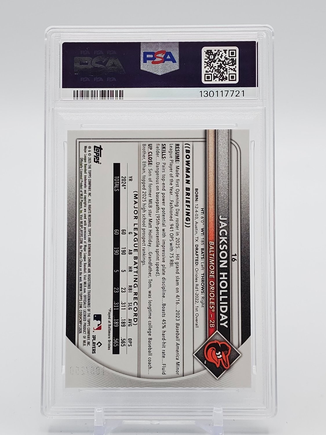 JACKSON HOLLIDAY 2025 BOWMAN CHROME PURPLE GEOMETRIC /250 #16 PSA 8 Q5997 view 2