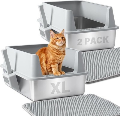 Stainless Steel Litter Box 2 Pack, Large Metal Litter Box with Lid, XL Cat Litte