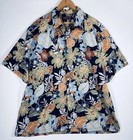 Navy blue Hawaiian shirt with orange, yellow, and white floral print, short sleeves, and button-up front.