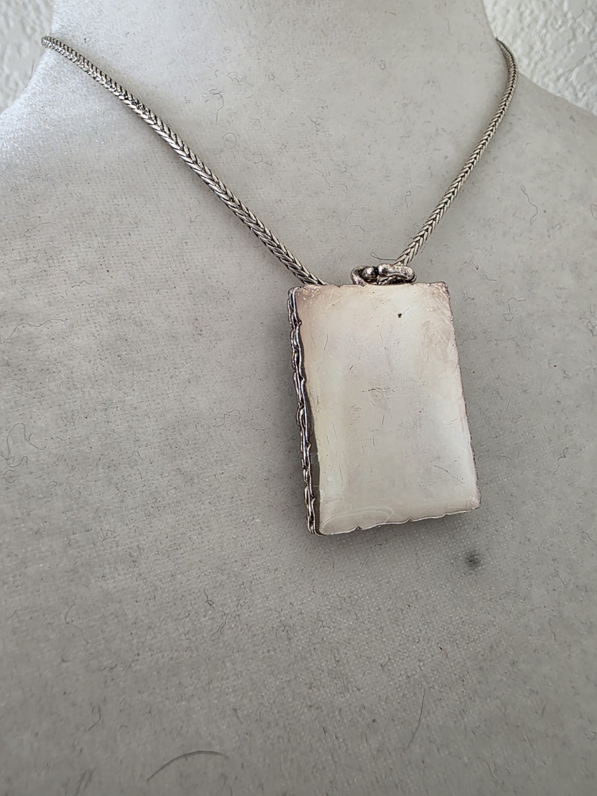 Rectangle Pendant Silver Tone Abalone Necklace Bl… - image 3