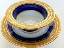 Antique Guerin Limoges Raised Gold Encrust Flow Blue Ramekin Custard~Bowl Saucer