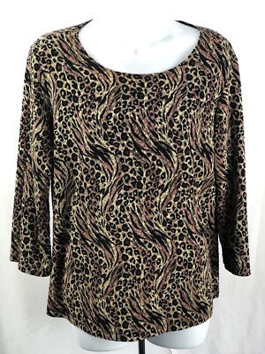 Vintage Pullover Top L Black/Gold Leopard 3/4 Sleeves Scoop Neck Stretch Y2K 90s