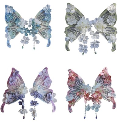Antique Big Butterfly Hair Clip with Fringed Flower for Roleplay Game Dressingup