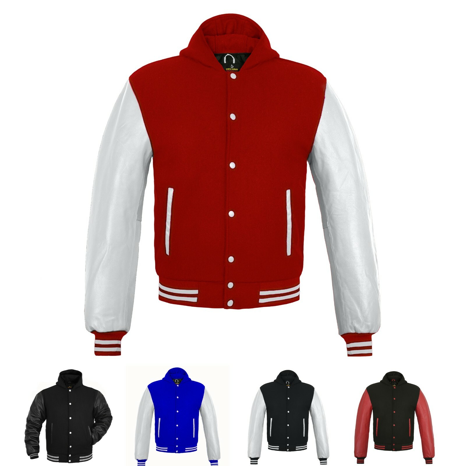 Deckra Men's Varsity Jacket Hoodie Letterman College Wool+Leather