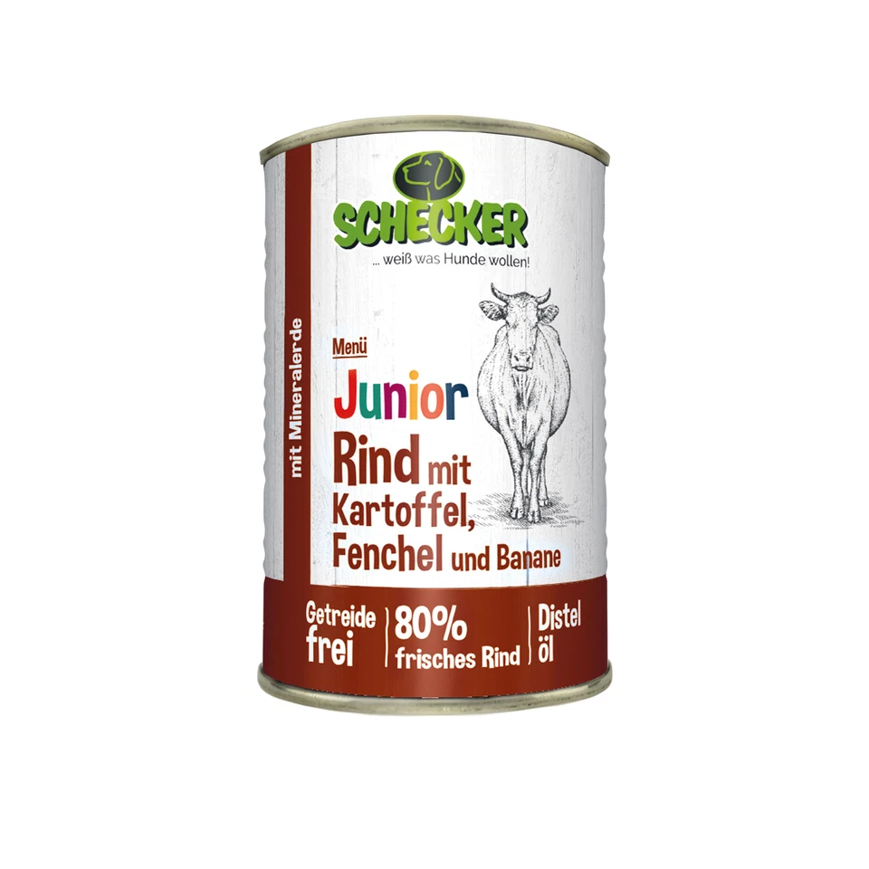 Schecker Hundemenü Junior mit 80% Rind mit Kartoffel Fenchel Banane 12x410g - Bild 4 von 4