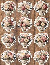Flowers in a Teacup Die Cut Vinyl Stickers Set Scrapbooking Laptop Water Bottle
