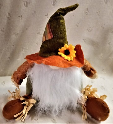 NWT Scarecrow Gnome, Dressed in Green, Gray & Rust, White Beard - 10'' Tall