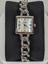 Vivani Pearlized Dial Silver Tone Rectangle Case Link Bracelet Band Watch
