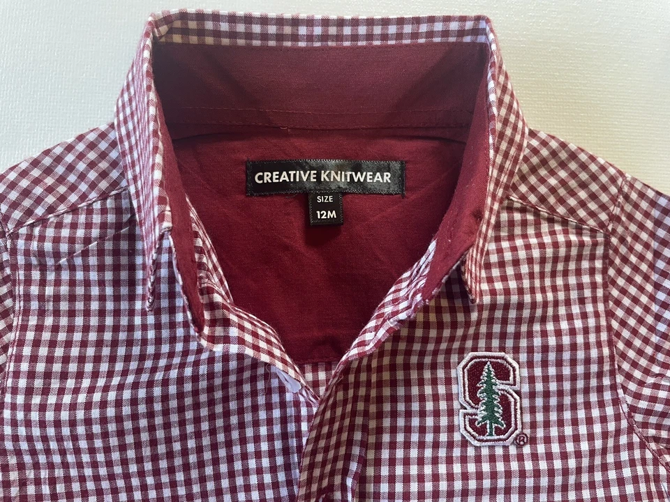 Stanford University Shirt 12 mos Infant Button Down Long Slv Top Red check logo - Image 3 of 4