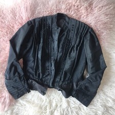 Antique Victorian 1880s Raw Silk Covered Buttons Pleated Blouse Black