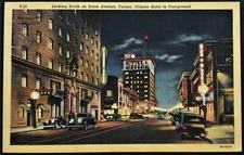 Main Street: Stone Avenue at Night, Cars, Stores, Tucson, AZ. 1930s Linen.