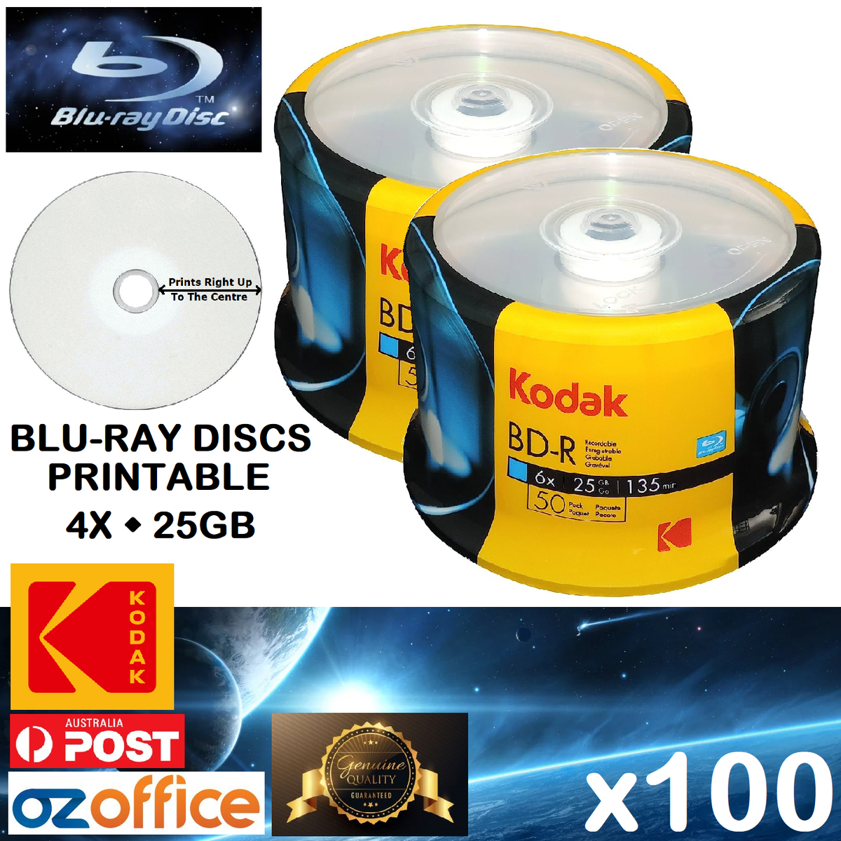 PREMIUM 100 x KODAK Blank Blu-Ray Discs 25GB BDR 4X White