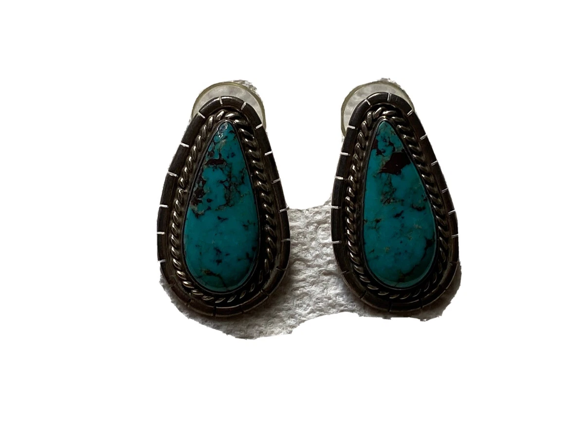 NAVAJO STERLING SILVER TURQUOISE POST EARRINGS BY T. ENREKA