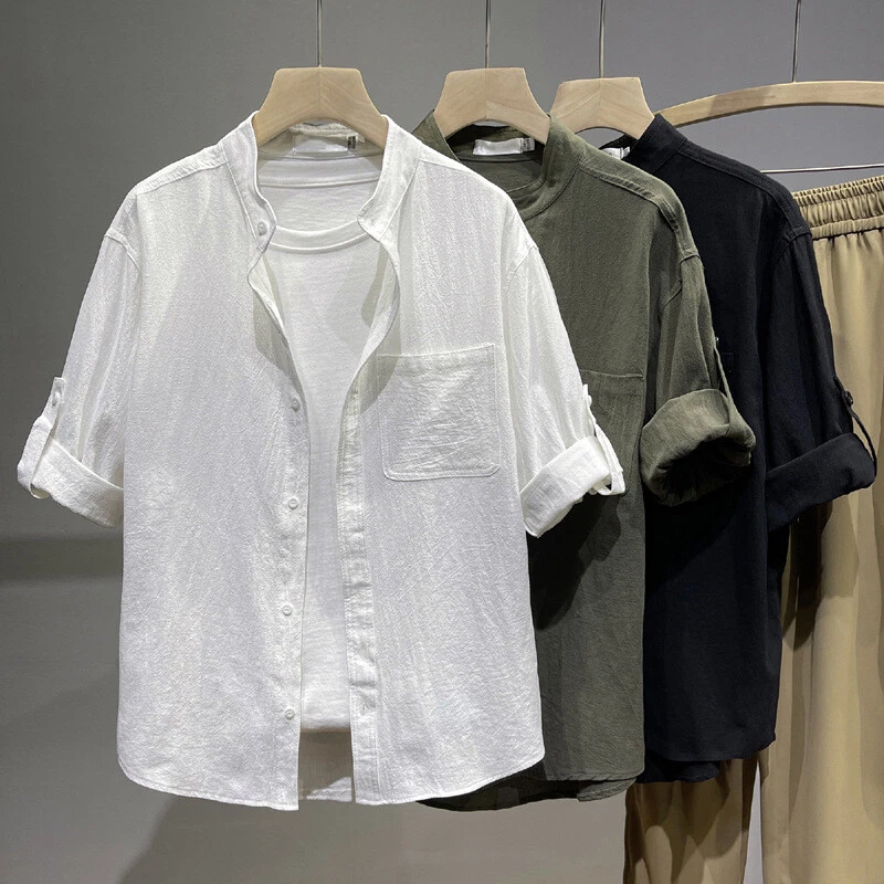 Mens Cotton Linen Wrinkled Mid-Sleeve Short Sleeve Shirt Casual Work Shirt Tees