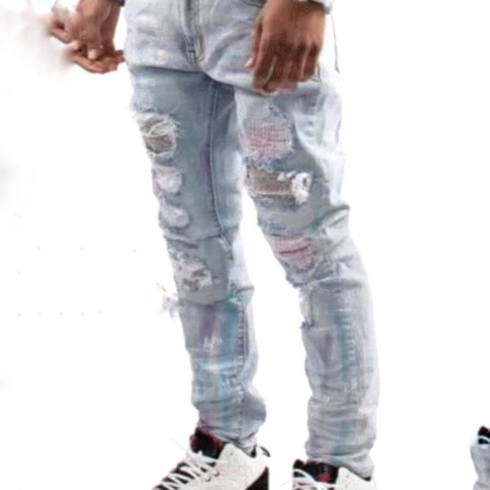 MAJESTIK•mens stacked ripped paint splatter jeans Gem