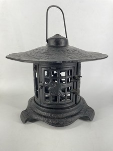 Japanese Lantern Cast Iron Pagoda Candle Bird Bamboo Handle Hang Antique Deco